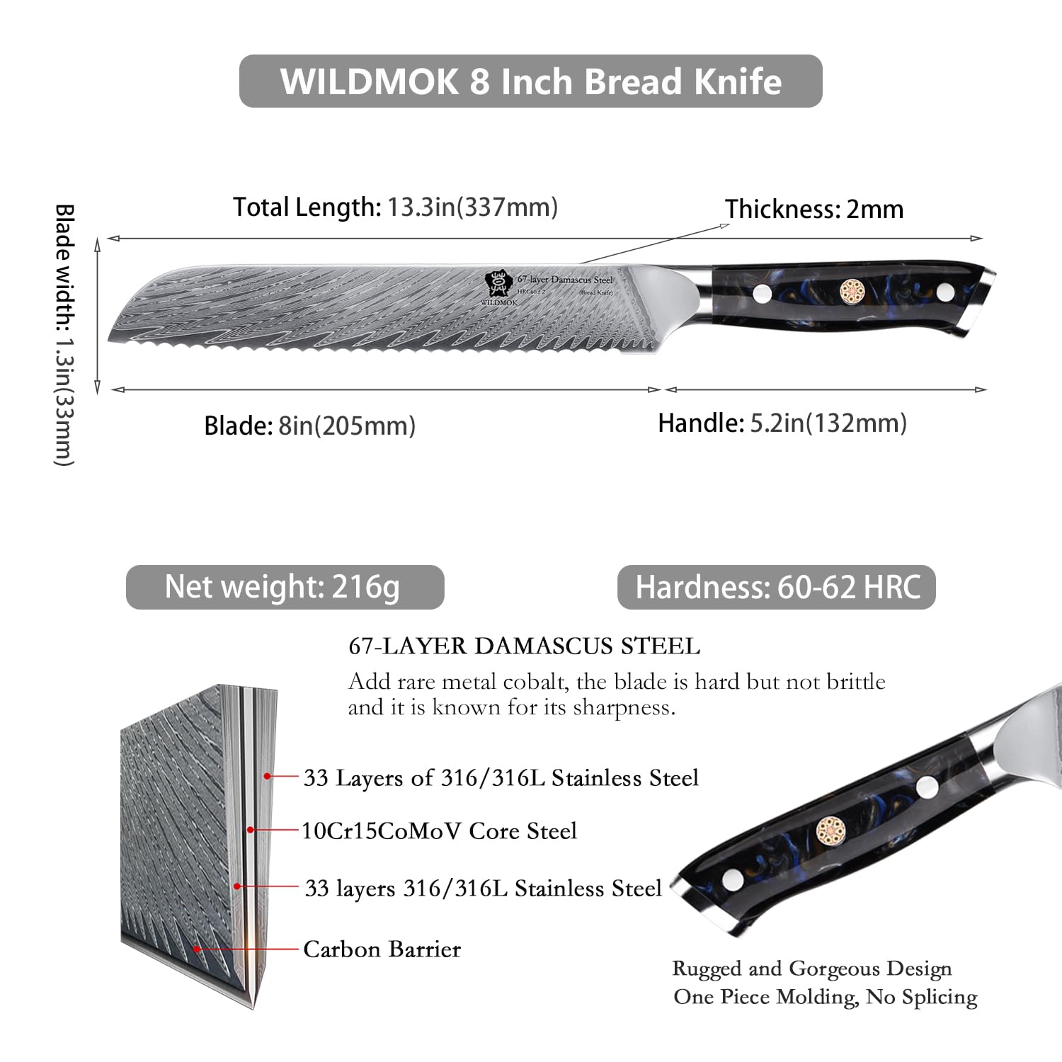 WILDMOK Brotmesser aus Damaststahl, 20cm Brotmesser mit Wellenschliff, messerscharf. Wunderschönes Federmuster aus Damaststahl
