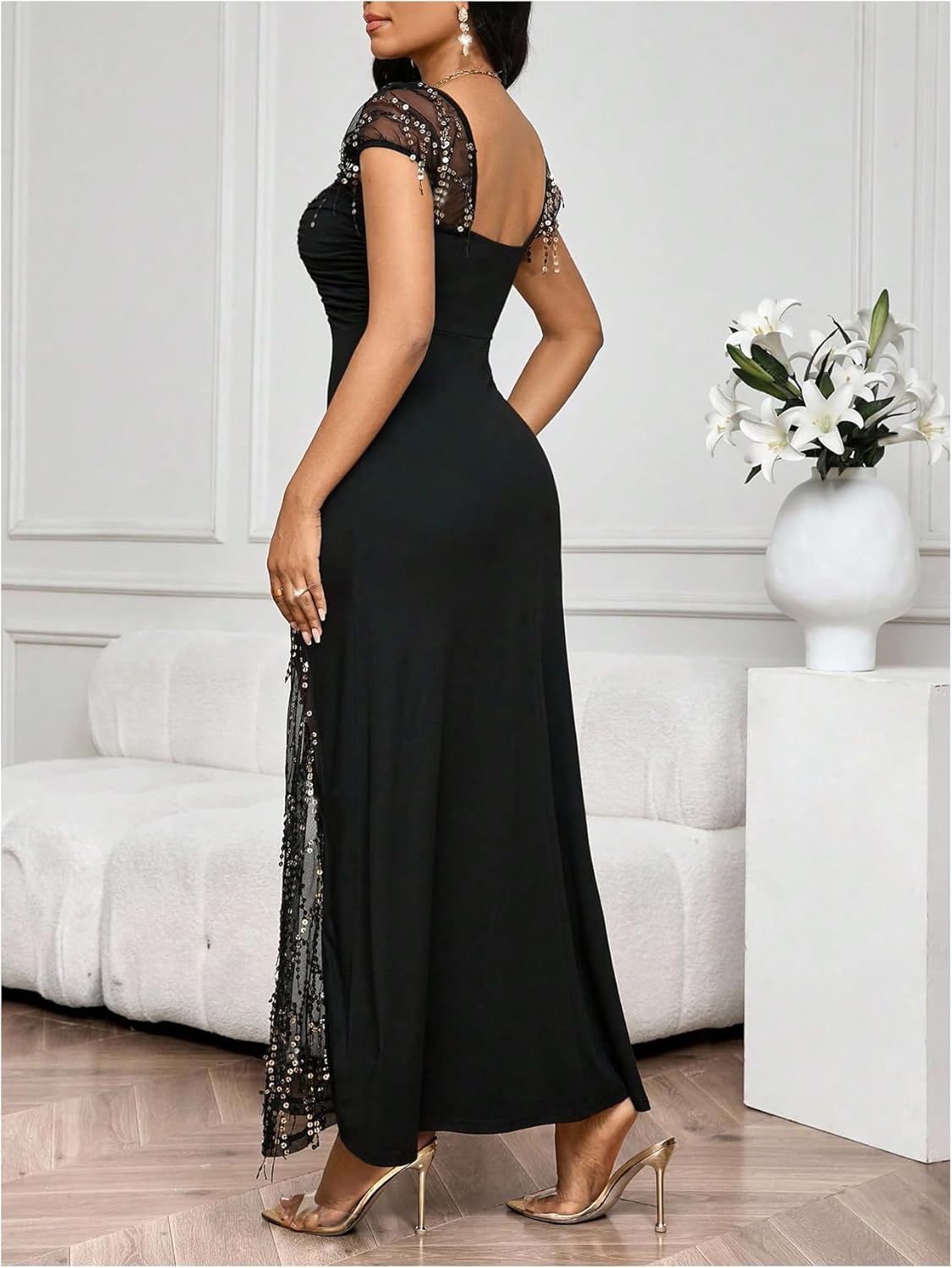 Women's Elegant Sequin Ruched Maxi Dress Formal Glitter Square Neck Mesh Evening Party Cocktail Dresses - Image 2