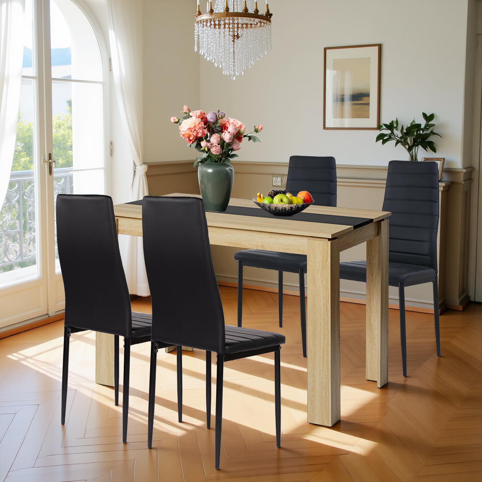 Ensemble de salle à manger rectangulaire en bois avec table 140 x 70 cm et 4 chaises noires pour salon, cuisine ou bureau