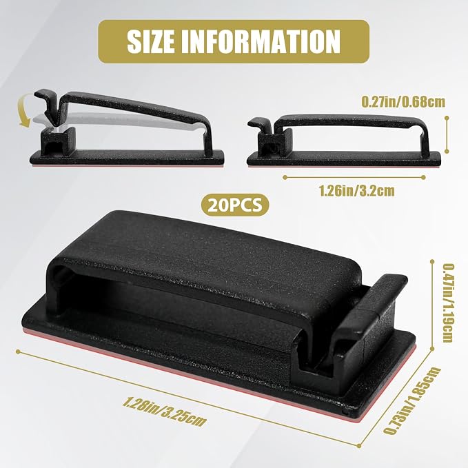 20 unidades de abrazaderas para cables negras autoadhesivas, nylon PA66; fácil instalación; para TV, PC y cables ethernet; montaje debajo del escritorio miniatura 2