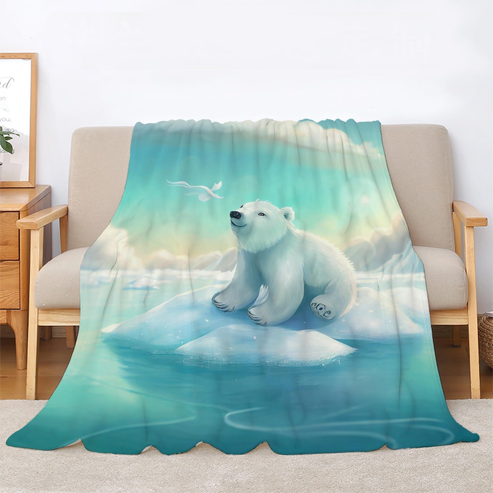 Koc z motywem niedźwiedzia polarnego, chmury, flanelowy koc 3D, lekki, z mikrofibry, wszechstronny koc i narzuty, na łóżko, sofę, kanapę, do biura, 180 x 200 cm
