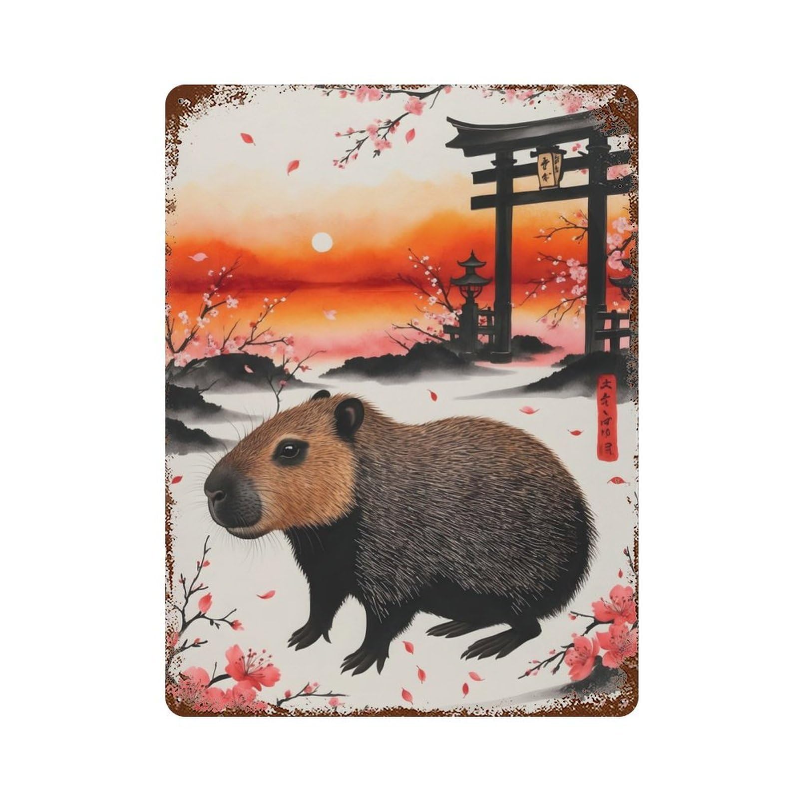 Garage Style Japan Painting Capybara Rust Effect Tin Sign 15.7"x11.8", Industrial Home Decor for Bar And Workshop