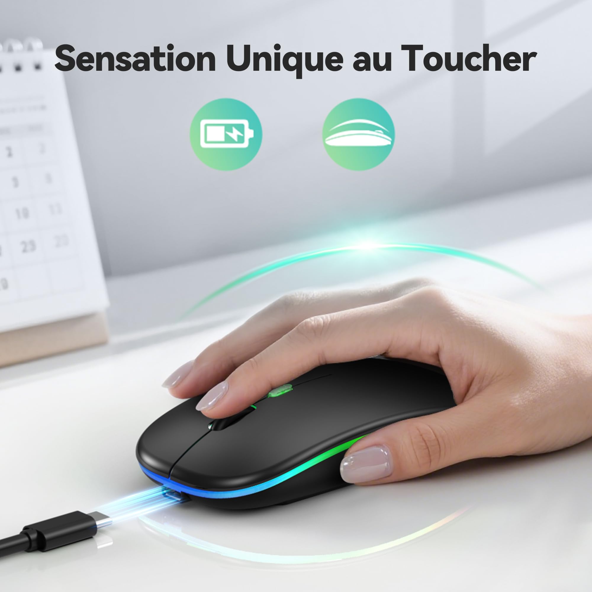 TECKNET Souris sans Fil Bluetooth 5.1, Rechargeable Souris avec Récepteur USB 2,4 GHz, 1600 DPI, Rétroéclairée de 7 Couleurs, Silencieuse, Portable, pour PC/Laptop/Mac, Noir