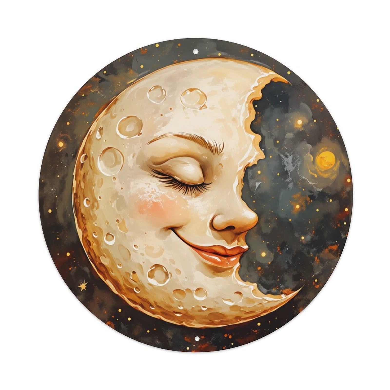 Moon Face Celestial Art Print Round Tin Sign Vintage Metal Poster, Home Bar Garage Man Cave Cafe Indoor & Outdoor Wall Decoration 8x8Inches