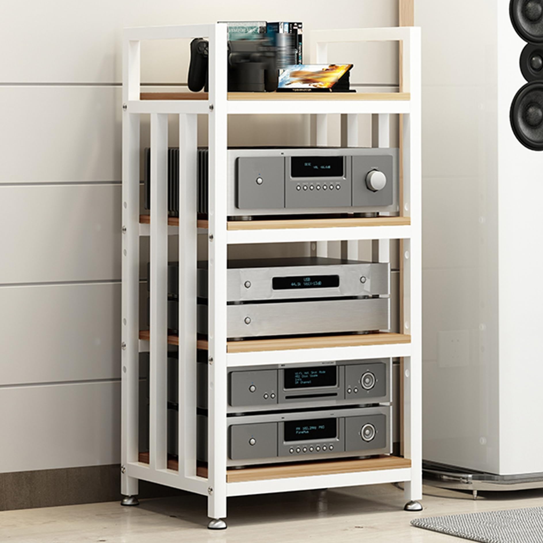 Rack d'enceintes haute fidélité en bois et platine vinyle