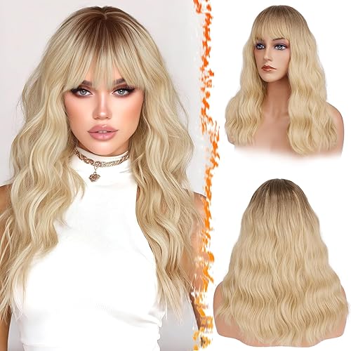 Miniatura 39 de BARSDAR Peluca rubia corta ondulada con flequillo, pelucas cortas onduladas de 14 pulgadas para mujer, pelucas sintéticas suaves hasta el hombro