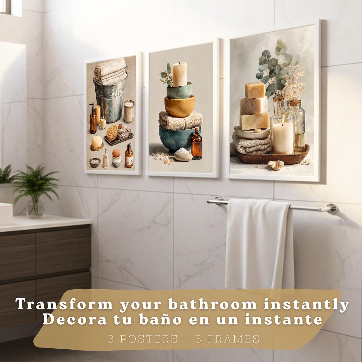 Nacnic Set Di 3 Stampe Decorative Per Bagno Poster E Quadri Da Parete Per Lavabo Doccia Wc E Toilette Con Candele Saponi E Asciugamani Stile Naturale Moderno A3 Cornice Bianca