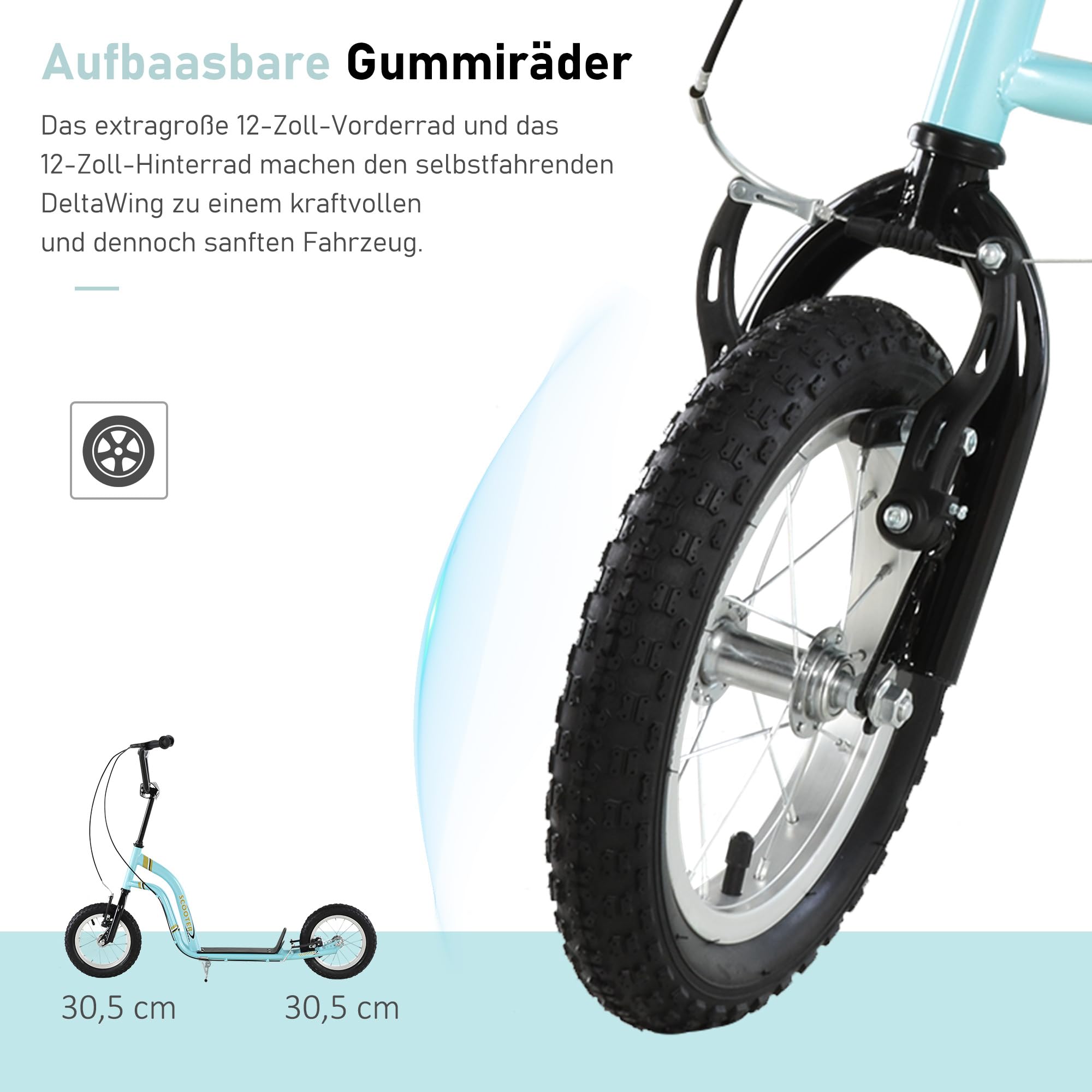 HOMCOM Kinderroller Höhenverstellbar mit 12 Zoll Luftreifen | Verstellbarer Lenker, Große Räder, Kickscooter Cityroller, für Jungen Mädchen ab 5 Jahre, bis 100 kg, Metall