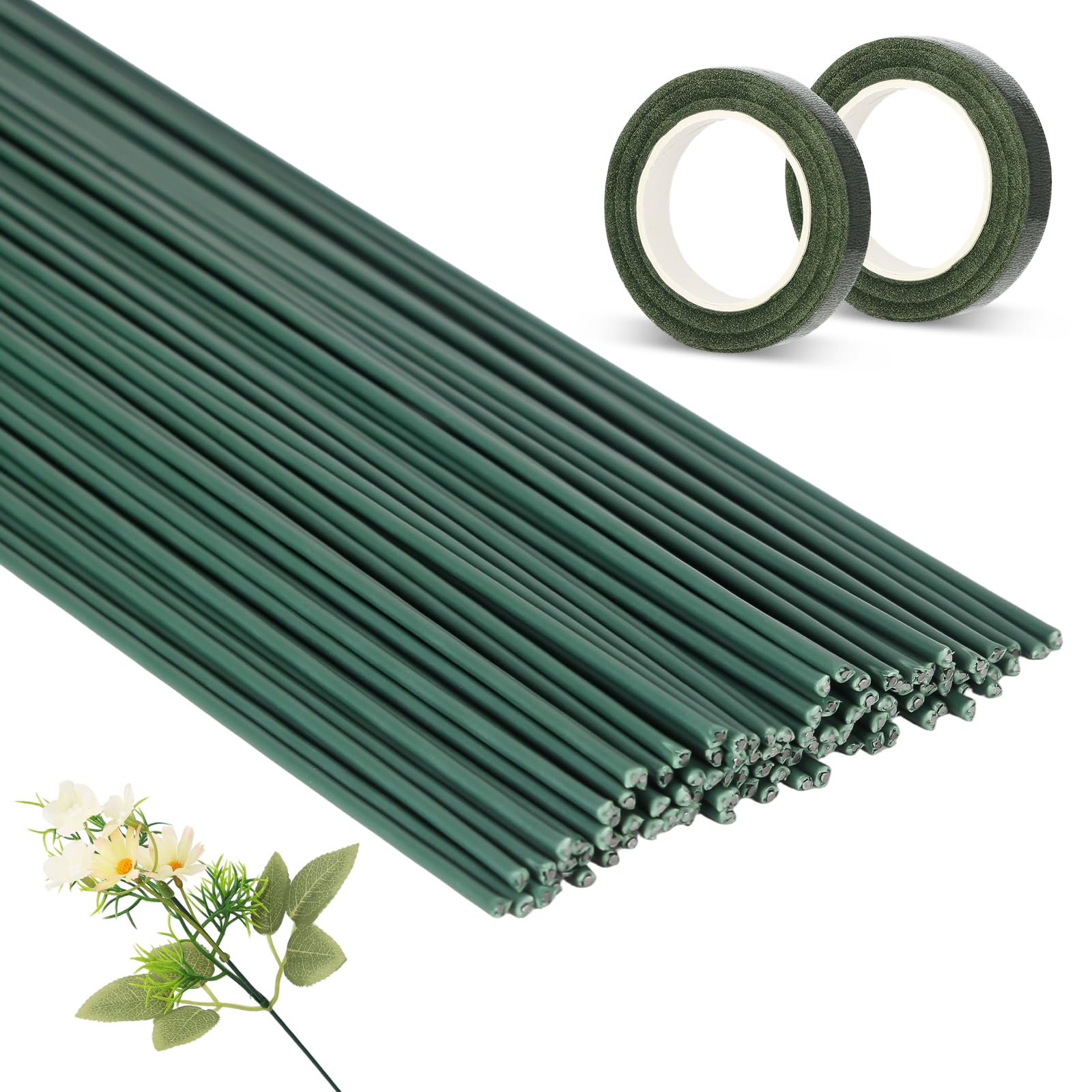 100PCS Green Florist Wire 2.2mm, 30cm Long with 2 Roll of Flower Tapes