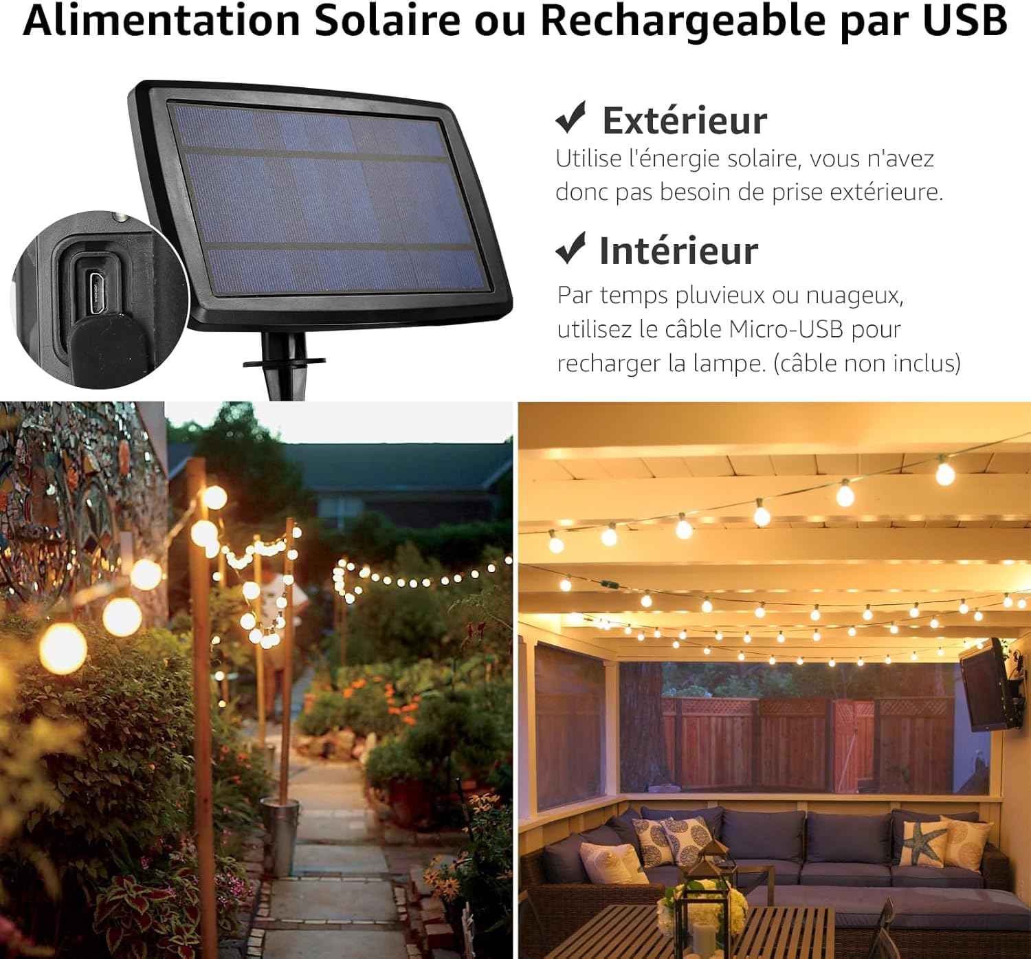 Lepro Guirlande Lumineuse Extérieur Solaire 4 Modes 7.6m | Guirlande Guinguette USB, 25 Ampoules G40, Blanc Chaud 2700K, Étanche pour Jardin, Terrasse, Cour, Patio, Fête Décoration