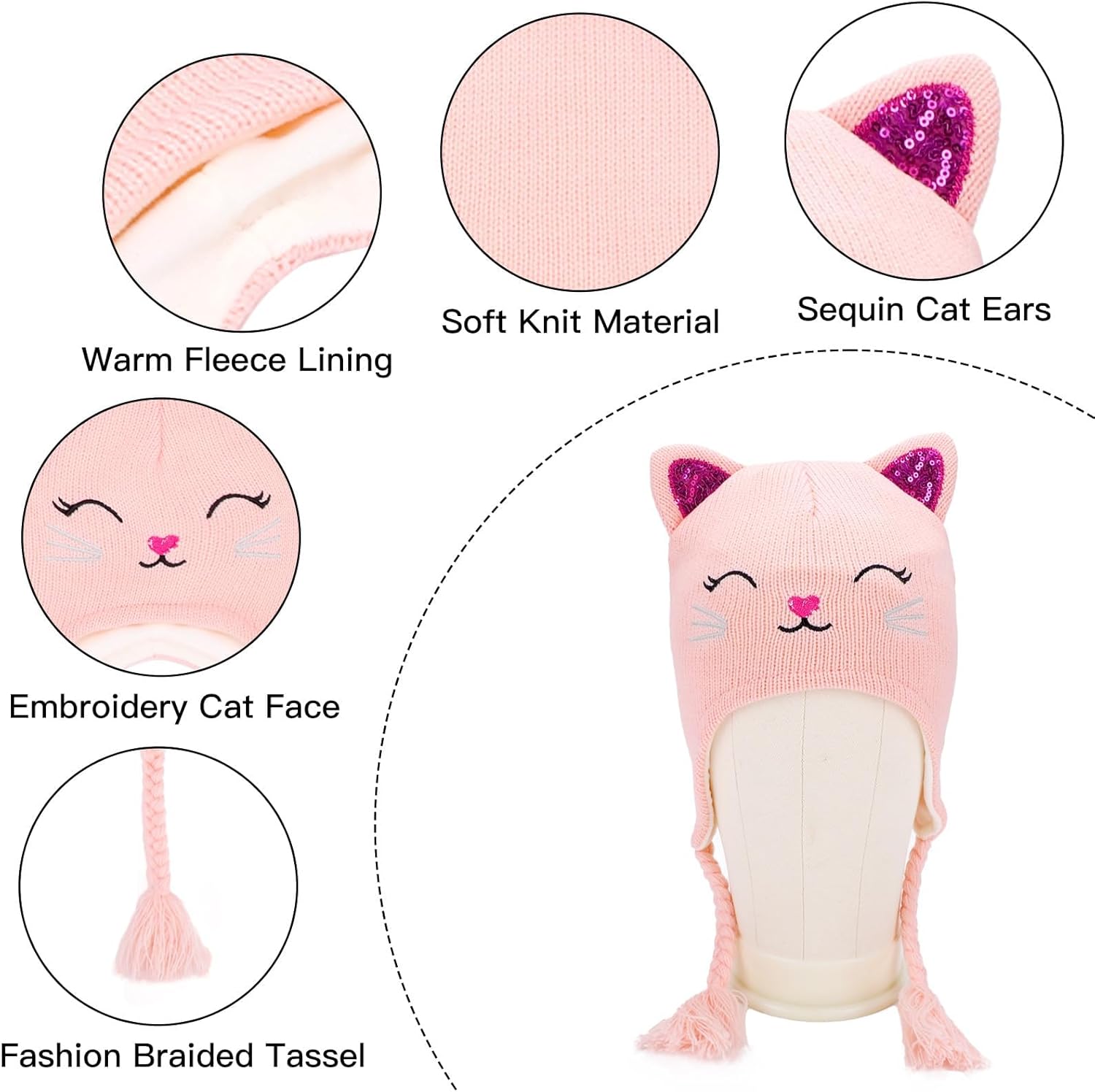 Girl Knit Cat Ear Beanie Hat and Glove Set Kids Winter Earflap with Braided Ski Skull Cap Mitten Set Age 3-7 - Image 5