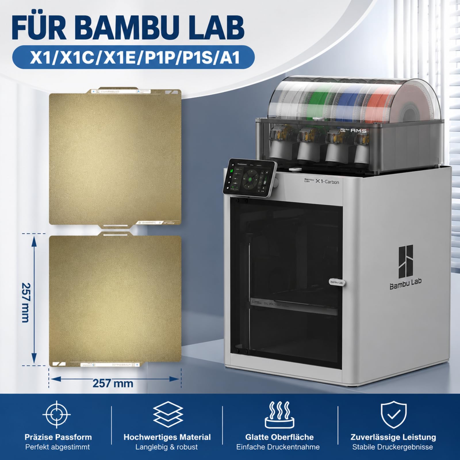 PEI płyta dociskowa 257 x 257 mm do Bambu Lab X1 X1C X1E P1P P1S A1, Textured PEI Build Plate dwustronna płyta dociskowa ze stali sprężynowej z kodem QR elastyczna płyta montażowa