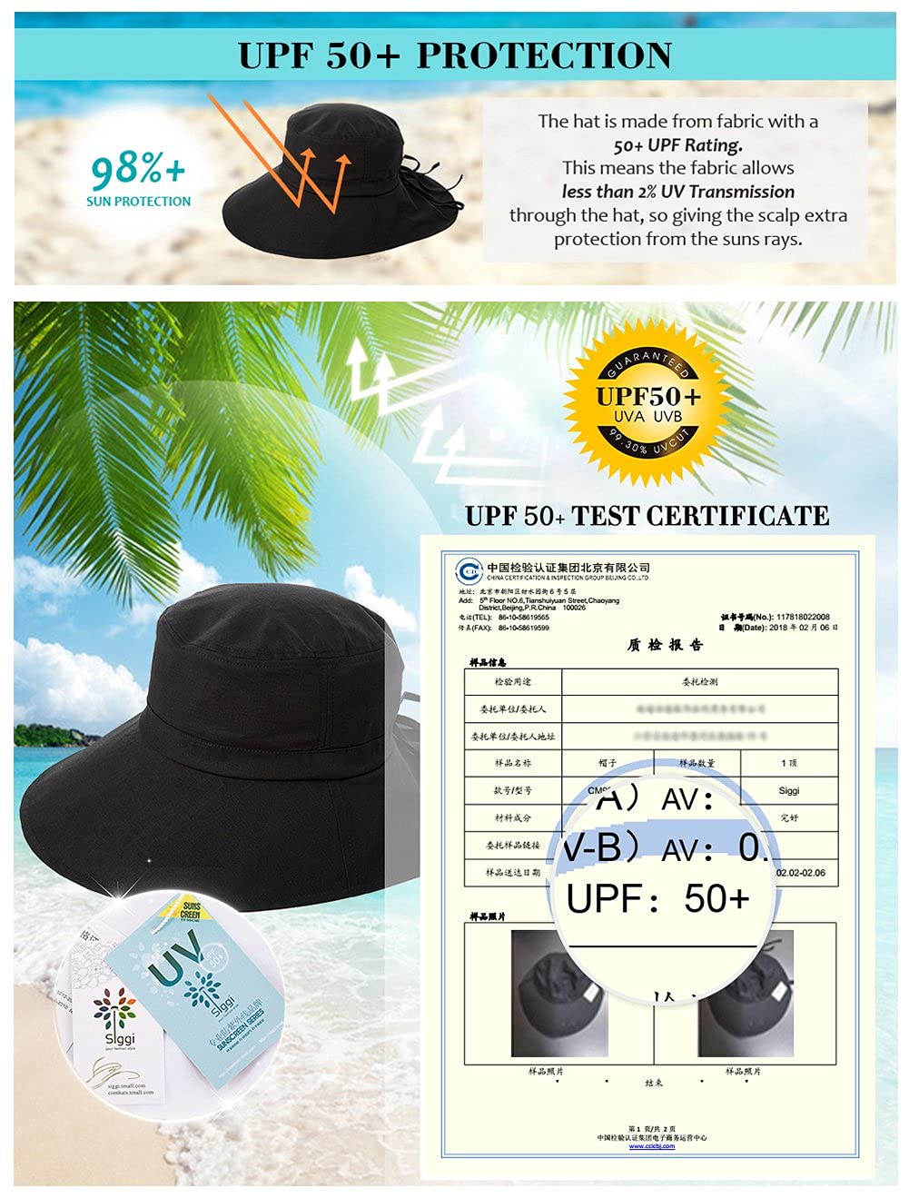 Comhats Mujer Sol Verano Algodón Sombrero De ala Ancha Tapa Abatible UPF 50 + Barbilla Manera Gorro