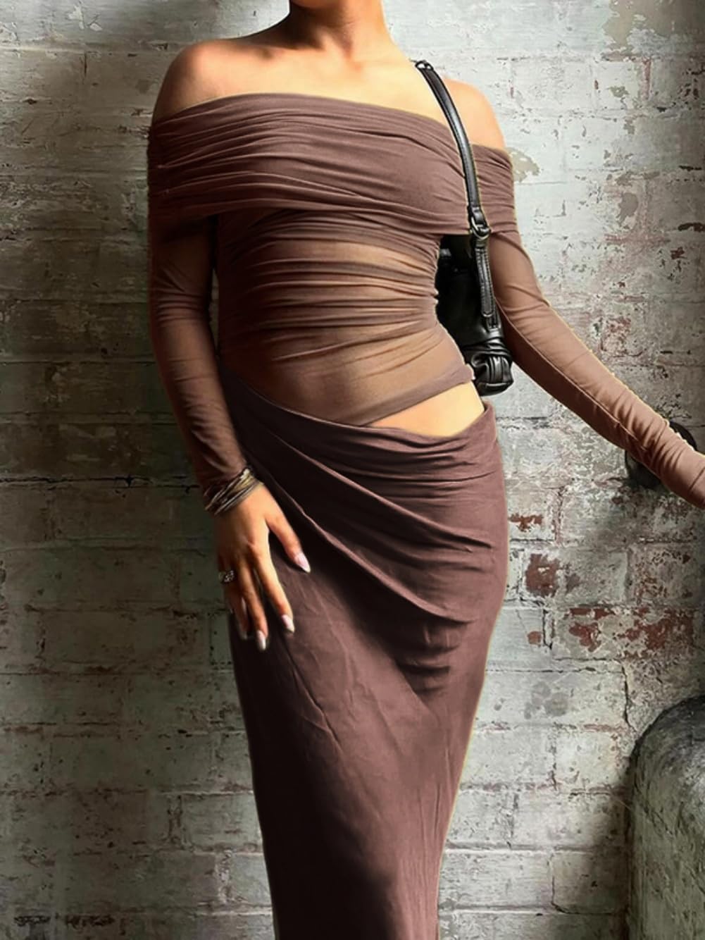 Vestido Mujer Manga Larga con Hombros Descubiertos Elegante Vestidos Largo de Fiesta Sexy Vestido Ajustado de Malla Transparente Otoño Bodycon Plisado Maxi Vestido para Cóctel Boda Ceremonia