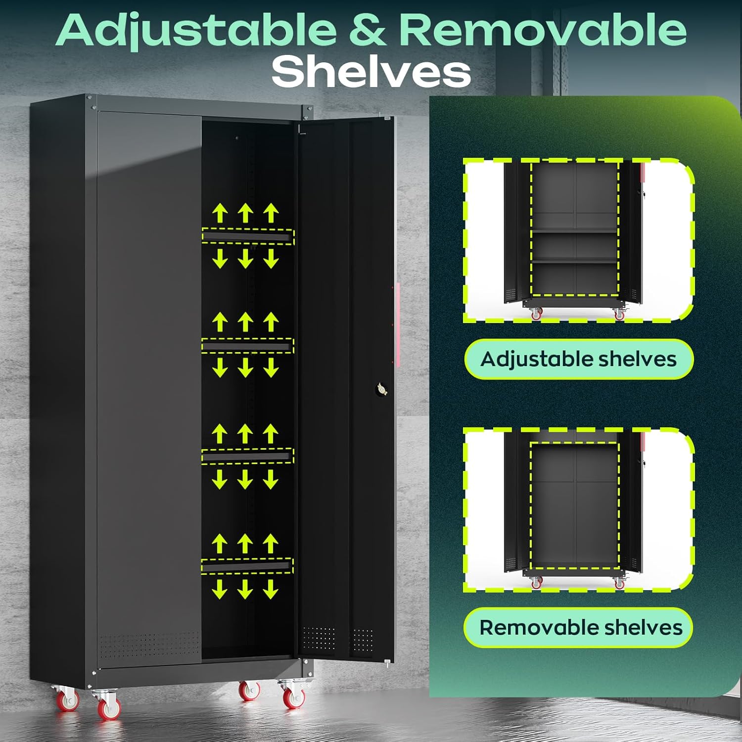 71" H Garage Storage Cabinet with Wheels,Metal Cabinets with 4 Adjustable Shelves and 2 Locking Doors for Garage,Home,Office,Shop,Black - Image 3