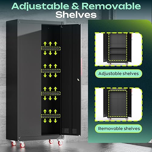 Vista 3 de Armario de almacenamiento de garaje de 71 pulgadas de alto con ruedas, armarios de metal con 4 estantes ajustables y 2 puertas de bloqueo para Negro