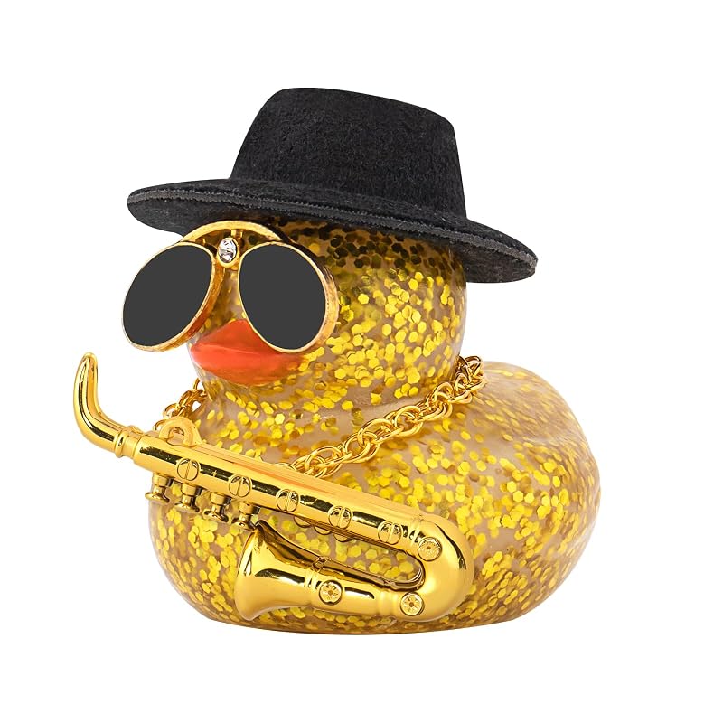 Pato de Borracha Decorativo para Carro com Saxofone, Cartola, Óculos e Colar wonuu Dark Gold Glitter
