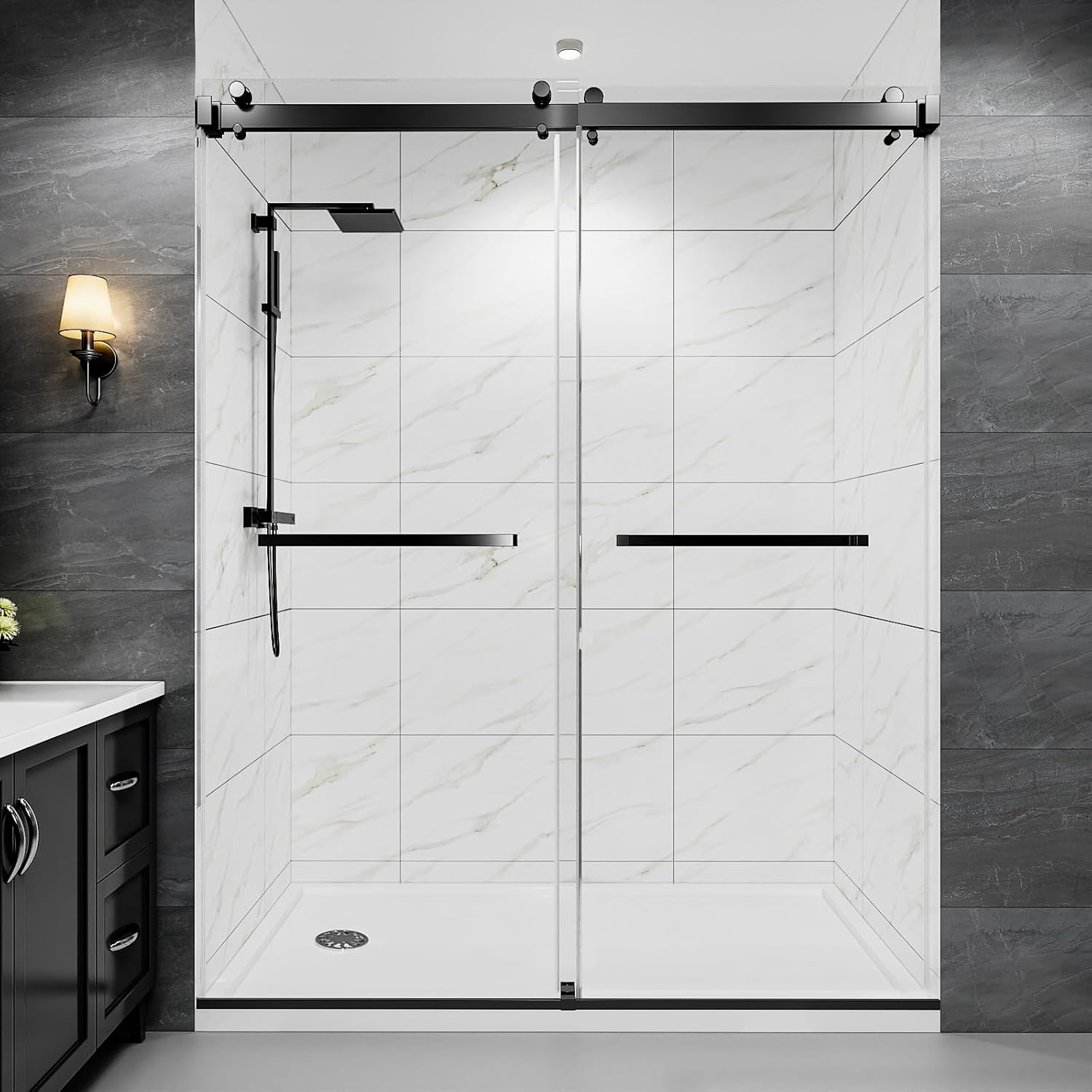 55-60" W x 72" H Frameless Double Sliding Shower Door for Walk-in Shower,5/16" (8mm) SGCC Certified Clear Tempered Safety Glass,Easy-Clean Coating,Quiet Heavy-Duty Roller System,Matte Black