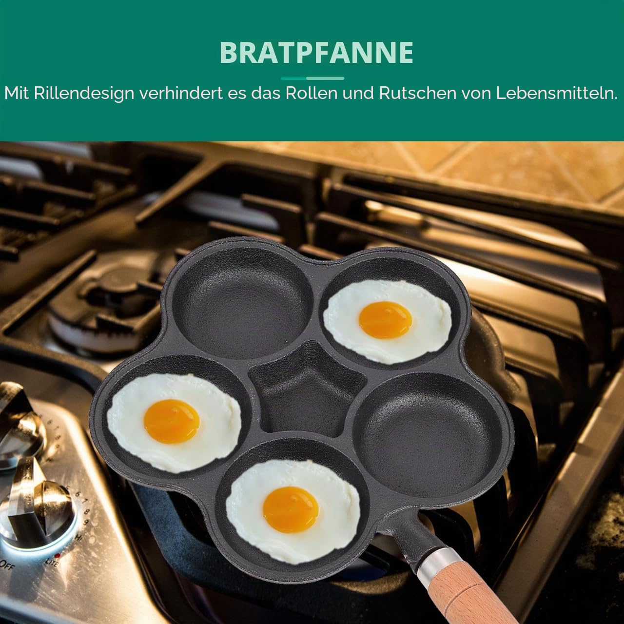 Gusseisen Eierpfanne mit 5 Löchern 5 Fach Spiegelei Pfanne mit Holzgriff Anti Heiß Griff Hamburger Form für Herd Induktion Küchenbratpfanne für Schnelles Kochen