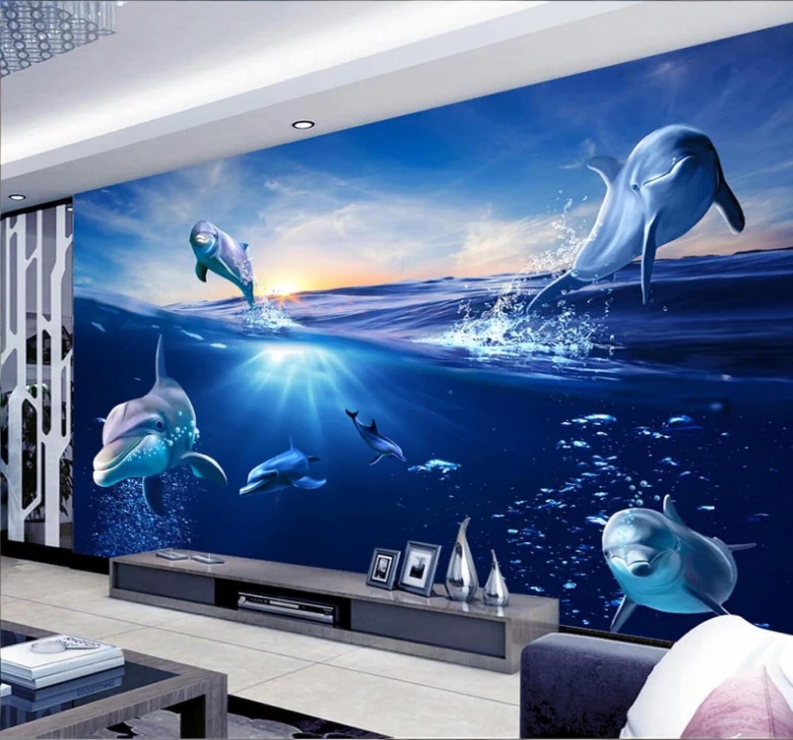 Cartoon Dolphin Beautiful Sunrise Ocean 3D Wallpaper Easy Install Feature Office Living Room Sofa Bedroom TV Background Wall Decoration-150cm×105cm