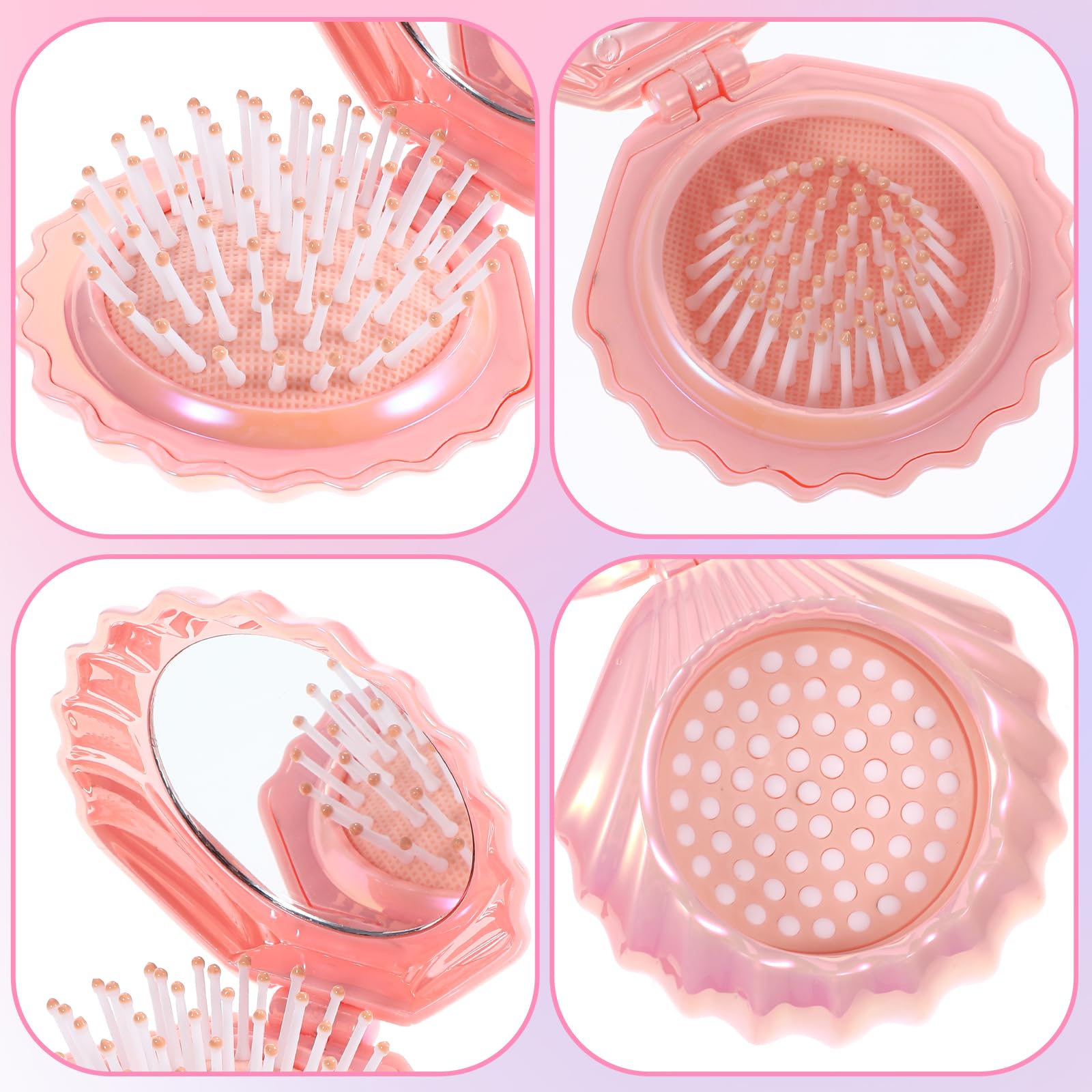 Foldable Travel Hair Brushes with Mirror Shell Shape Portable Folding Pocket Hair Brush Cute Mini Hair Comb Compact Size Hair Massage Comb Small Makeup Mirror Set Gifts for Girls Women - Image 3