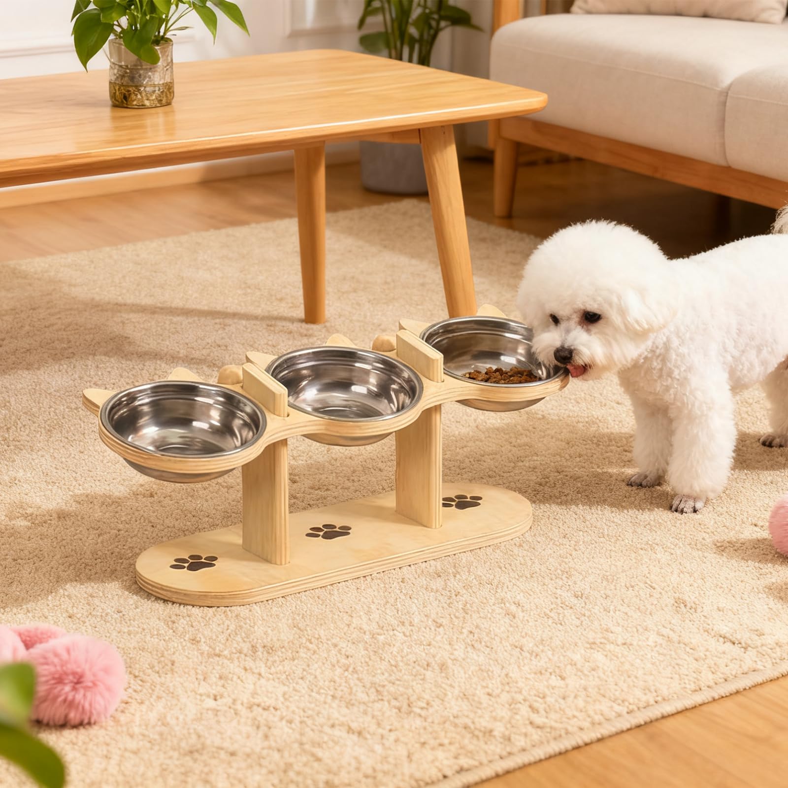 GOMETY Lot de 3 gamelles surélevées 3 en 1 pour chat avec 3 gamelles en acier inoxydable - Hauteur réglable - Avec support en bois - Gamelle ergonomique pour petits chiens