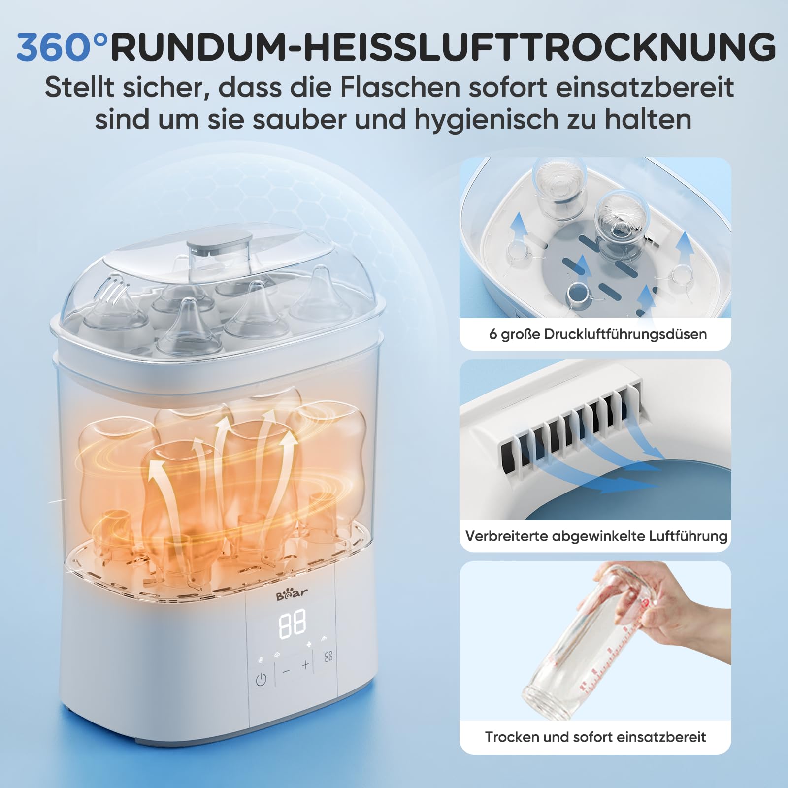 Bear 2026 Sterilisator für Babyflaschen mit Trocknungsfunktion, 4-in-1 Auto-Flaschen Sterilisator Baby mit 48H Storge-Funktion, Sterilisator für Babyartikel, Babyflaschen & Milchpumpen-Zubehör
