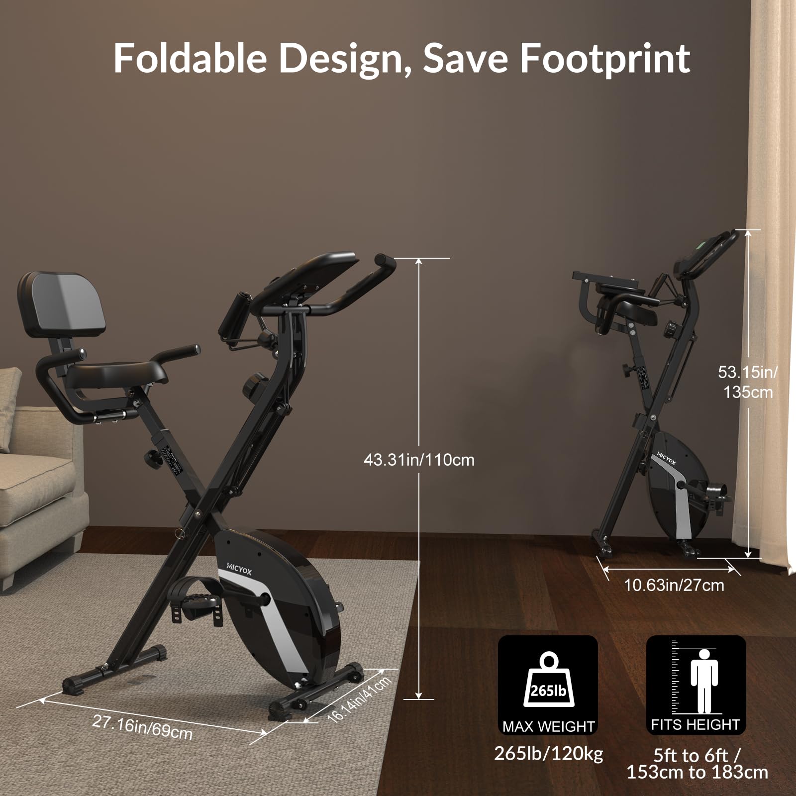Micyox MX-600 Cyclette Magnetica con Schienale Bicicletta da Ciclismo da Interno Pieghevole con Display LCD e Sensore di Frequenza Cardiaca