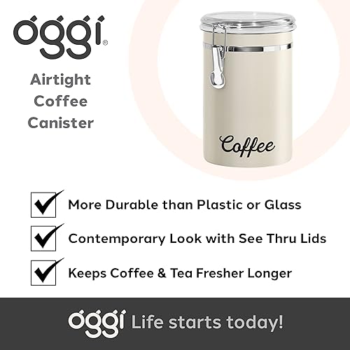 Miniatura 7 de Oggi Recipiente de café de acero inoxidable de 62 onzas líquidas, tapa hermética, gris cálido, parte superior transparente tintada, ideal para