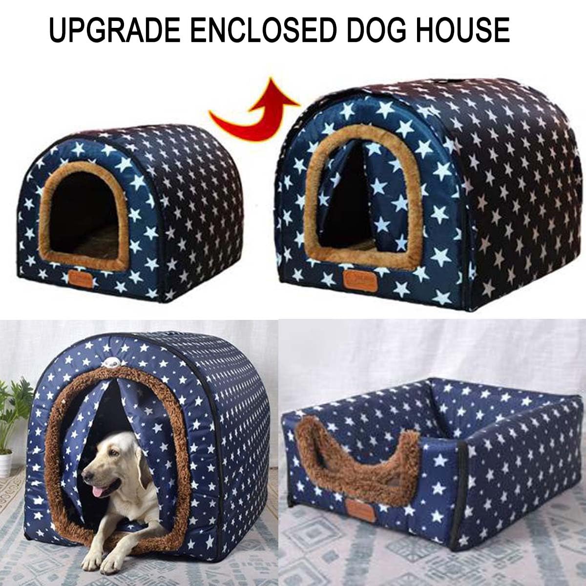 Extra groot Jumbo hondenbedhuis, kalmerende hondenkennel met gordijn opvouwbaar 2-in-1 hondenbankkussen warm huisdieronderdak wasbaar (S-35 x 32 x 28 cm, patroon-A