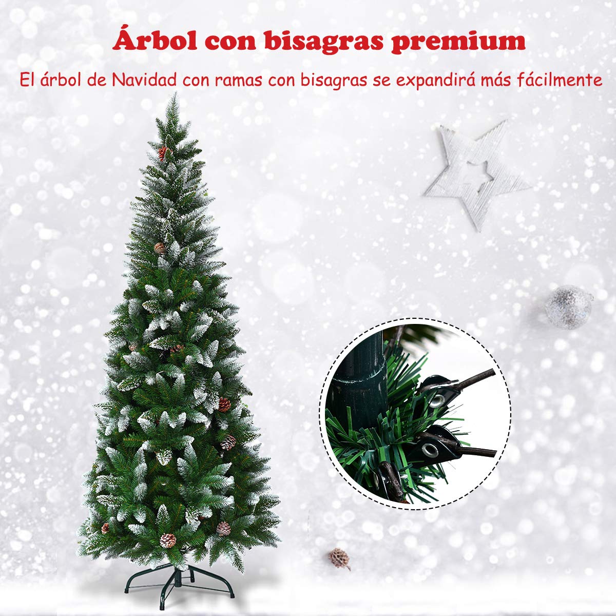 COSTWAY Árbol de Navidad Slim/Estrecho 180cm, Arbol de Navidad Nevado con 29 Piñas, Pino Cubierto de Nieve, PVC de 630 Puntas, Arvore de Natal Soporte de Metal, Hogar Oficina Fiesta (180 cm)