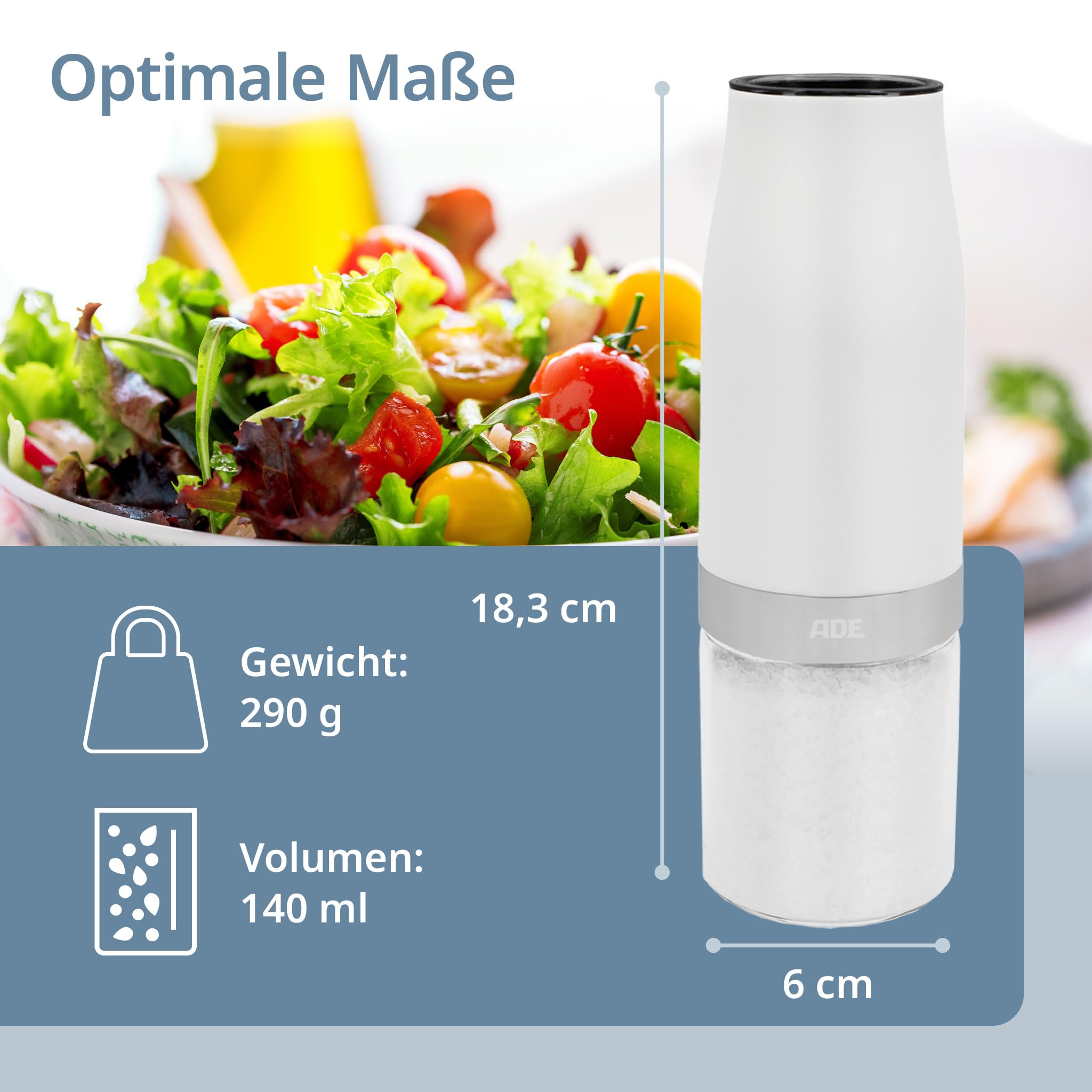 ADE Salz und Pfeffermühle elektrisch mit Kippsensor 2er-Set | Gewürzmühle mit Keramikmahlwerk | stufenlos einstellbar | Salz, Pfeffer, Chili, getrocknete Kräuter | Kräutermühle | mit LED-Beleuchtung