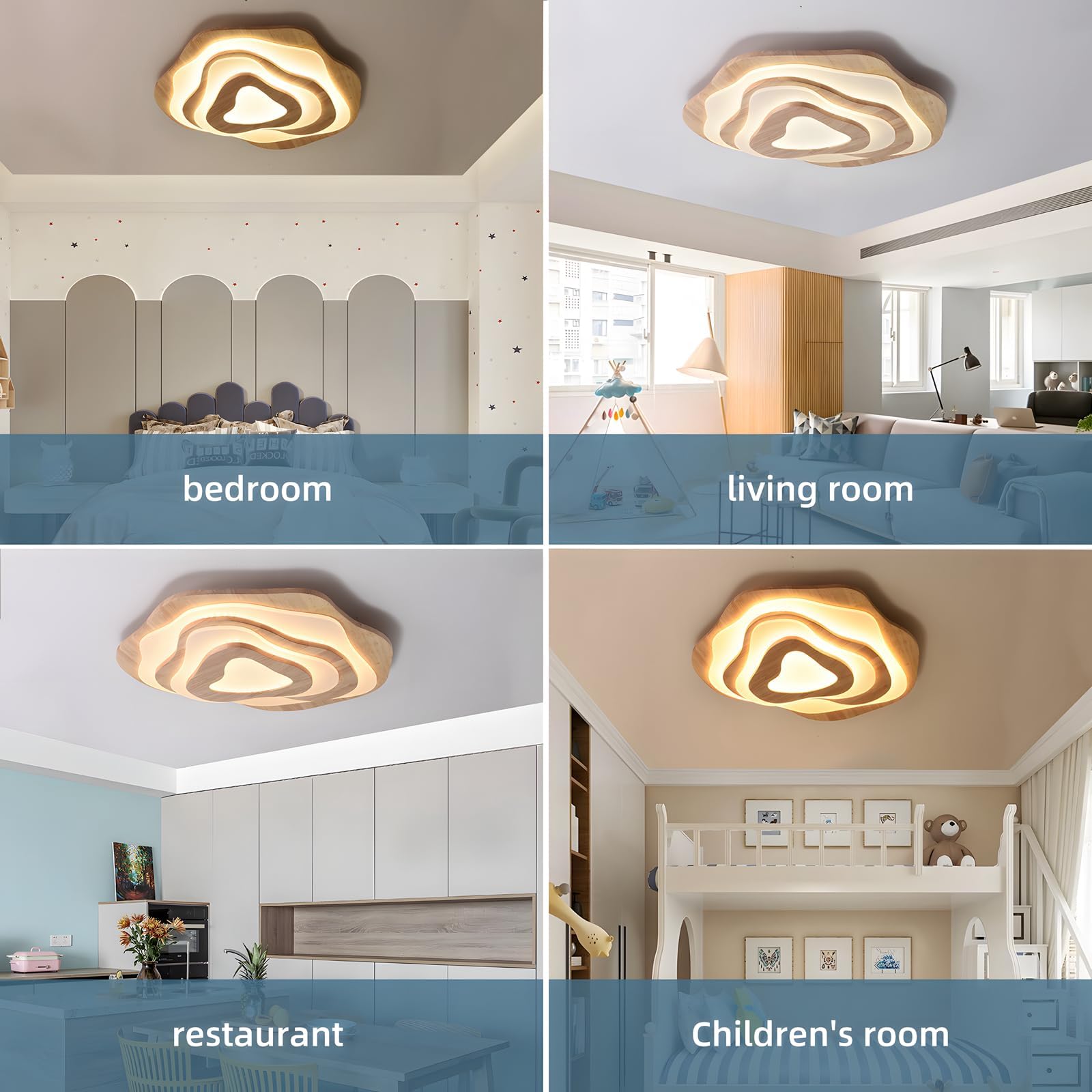 Lámpara Techo LED Madera | Ø57cm 50W 4300lm | 3000K-6000K Regulable Con Control Remoto, Lámpara Moderna Madera Natural + Nubes Acrílicas, Sala Estar Dormitorio Infantil Cocina Comedor Casa