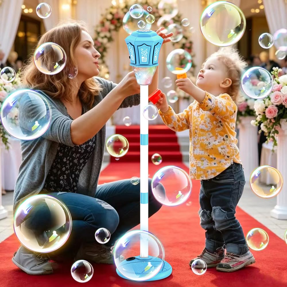Bubble Torch Lampe de Jardin avec Lumière et Musique,Réglables Hauteur,Machine à Bulles d'extérieur Rechargeable avec Télécommande,Machine a Bulle Automatique pour Jardin,Anniversaire,Mariage (Bleu)