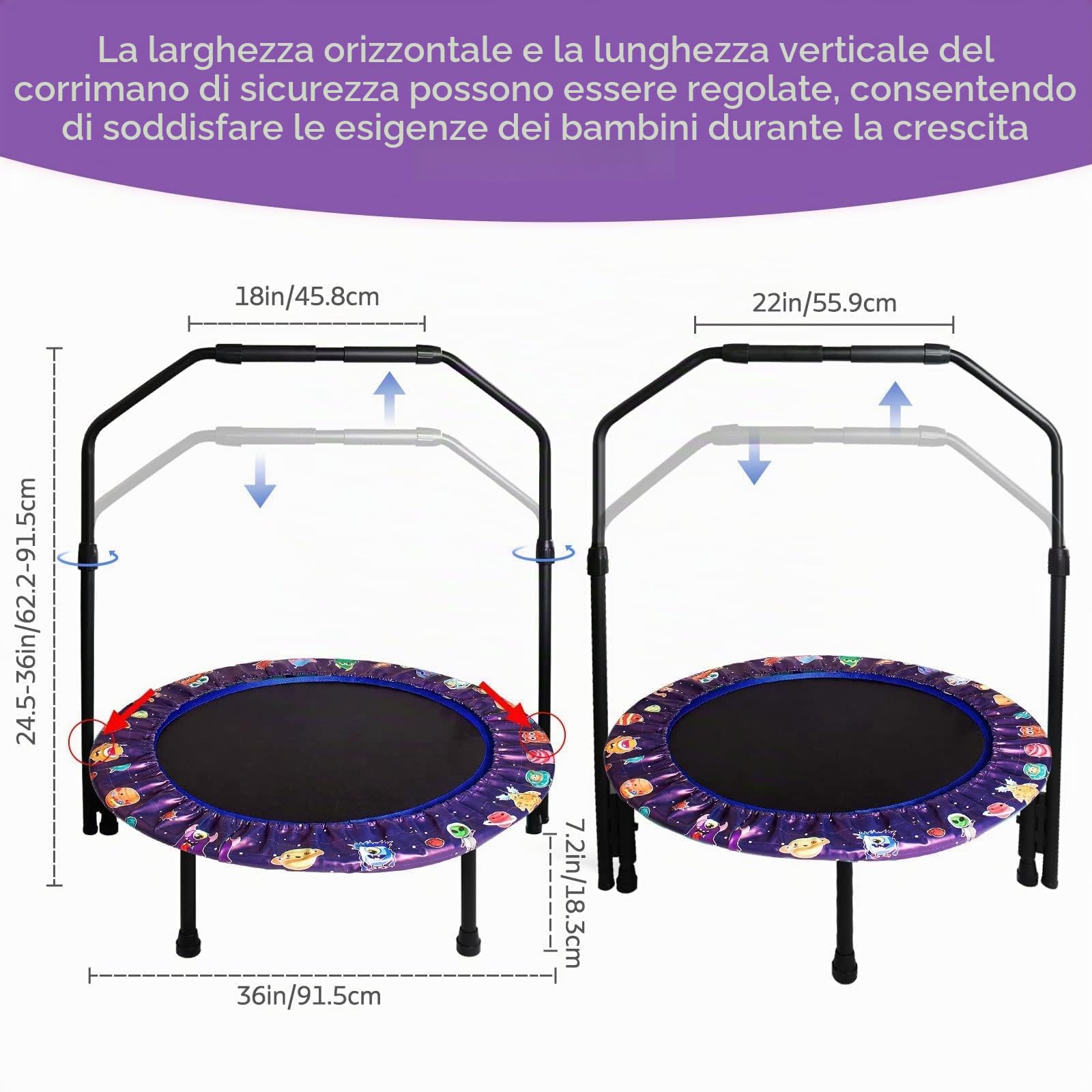 Trampolino elastico per bambini, diametro 91 cm, con manico e imbottitura di sicurezza, per bambini dai 2 anni in su, per interni ed esterni, copertura imbottita
