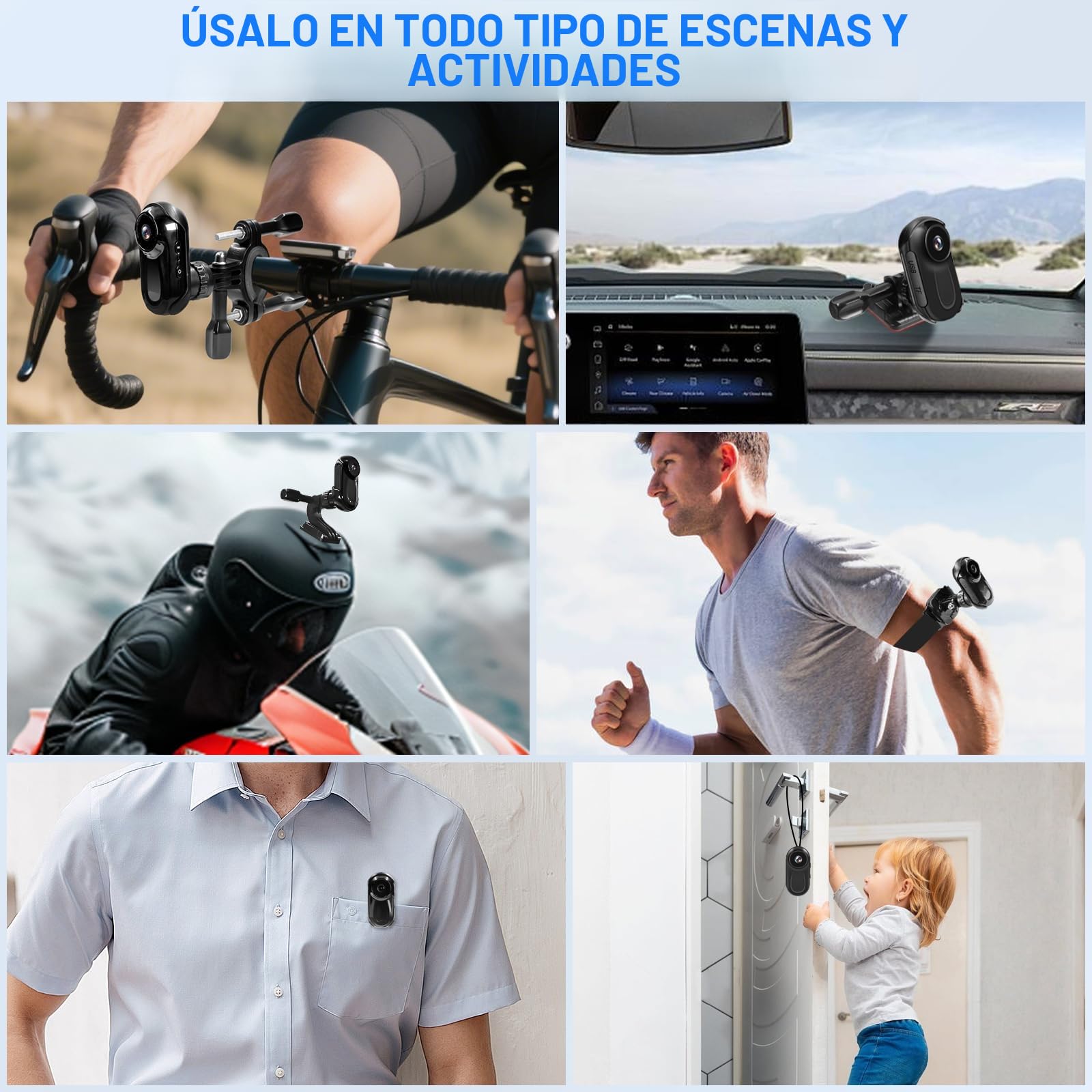 Action CAM, Cámara Deportiva 360° & HD 1080P Cámara de Casco Mini Cámara de Video Corporal con Pantalla de 0.85'', Cámara de Acción soporta Visión Nocturna Automática para Moto y Bicicleta