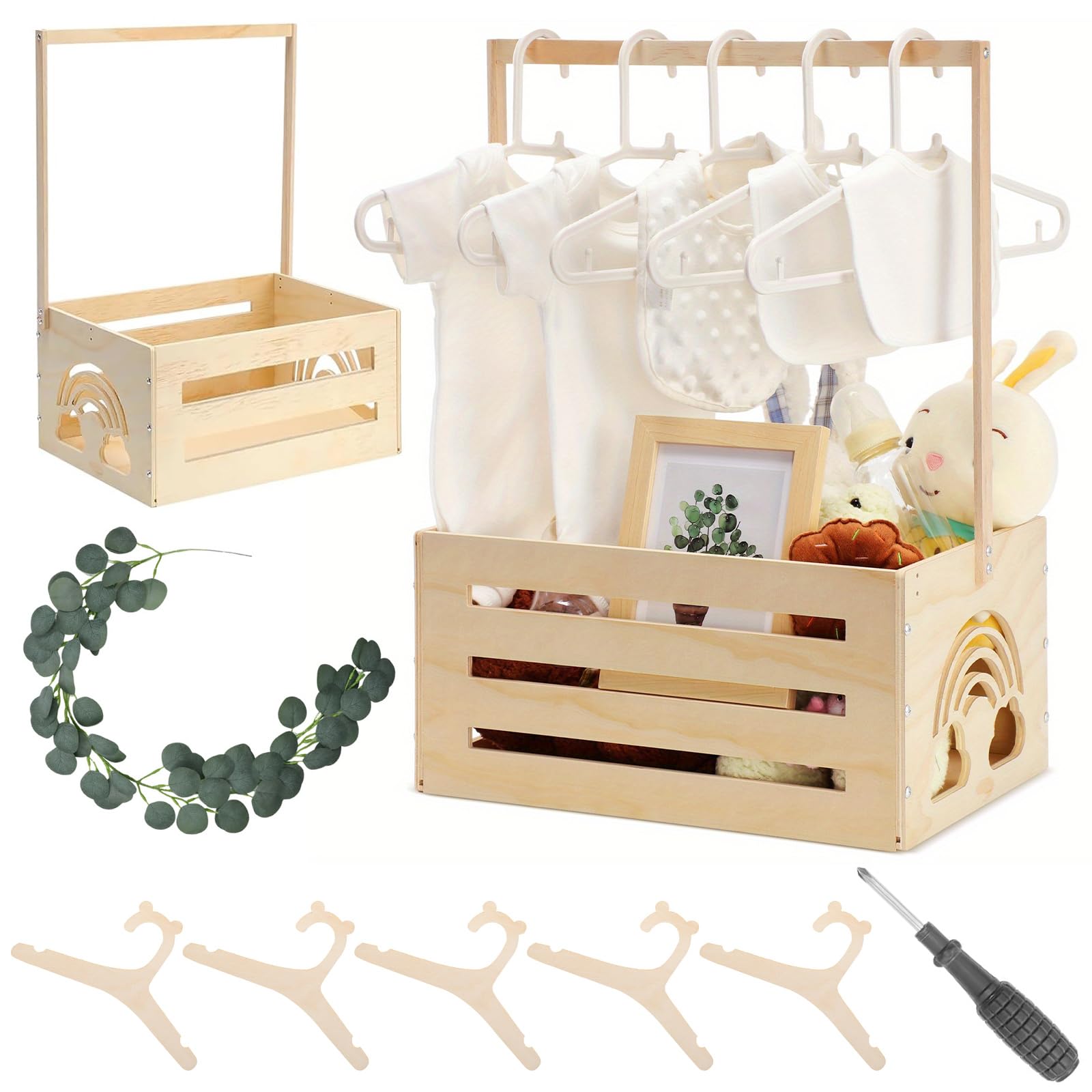 Holz Baby Geschenk Korb - Holz Babyparty Kiste Schrank mit Griff 10 Kleiderbügel und 1 Dekorationskranz, Mehrzweck Babyparty Geschenkkorb für Geburtstage Weihnachten Neue Eltern Babypartys(Regenbogen)