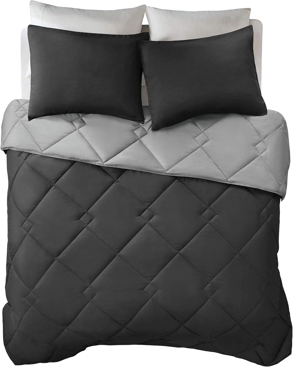 Comfort Spaces Vixie Reversible Comforter Set - Trendy Casual Geometric Quilted Cover, All Season Down Alternative Cozy Bedding, Matching Sham, Black/Gray, Full/Queen 3 piece - Image 9