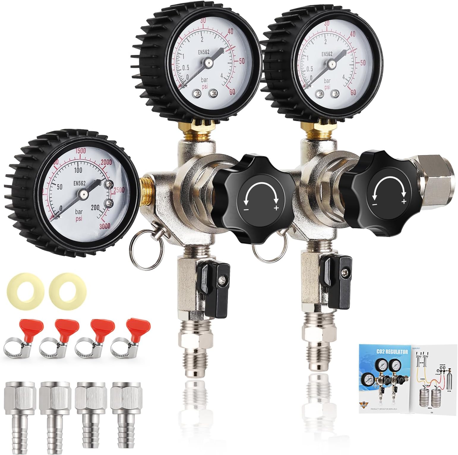 MRbrew Keg CO2 Regulator Dual Output, CGA-320 Keg Regulator Draft Beer Regulator, Quick Disconnect Threaded End Fitting with 2 Swivel Nut Barb-1/4’’ Barb & 5/16’’ Barb, Co2 Tank Pressure Regulator