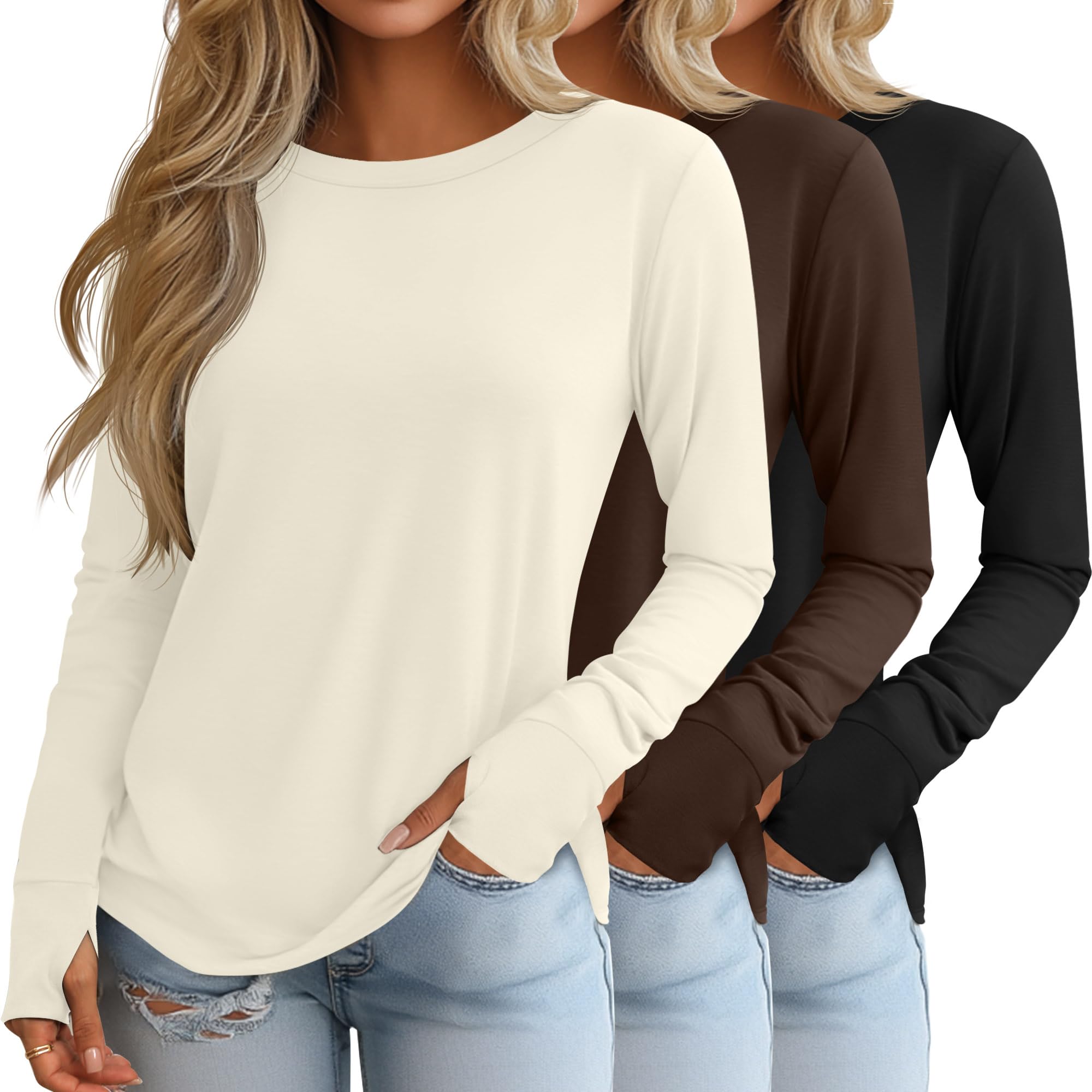 Geyoga 3er-Pack Damen Langarmshirts mit Daumenlöchern, Baumwoll-Casual-Crewneck-Tunika-Tops, Lockere Herbstmode im Y2K-Stil