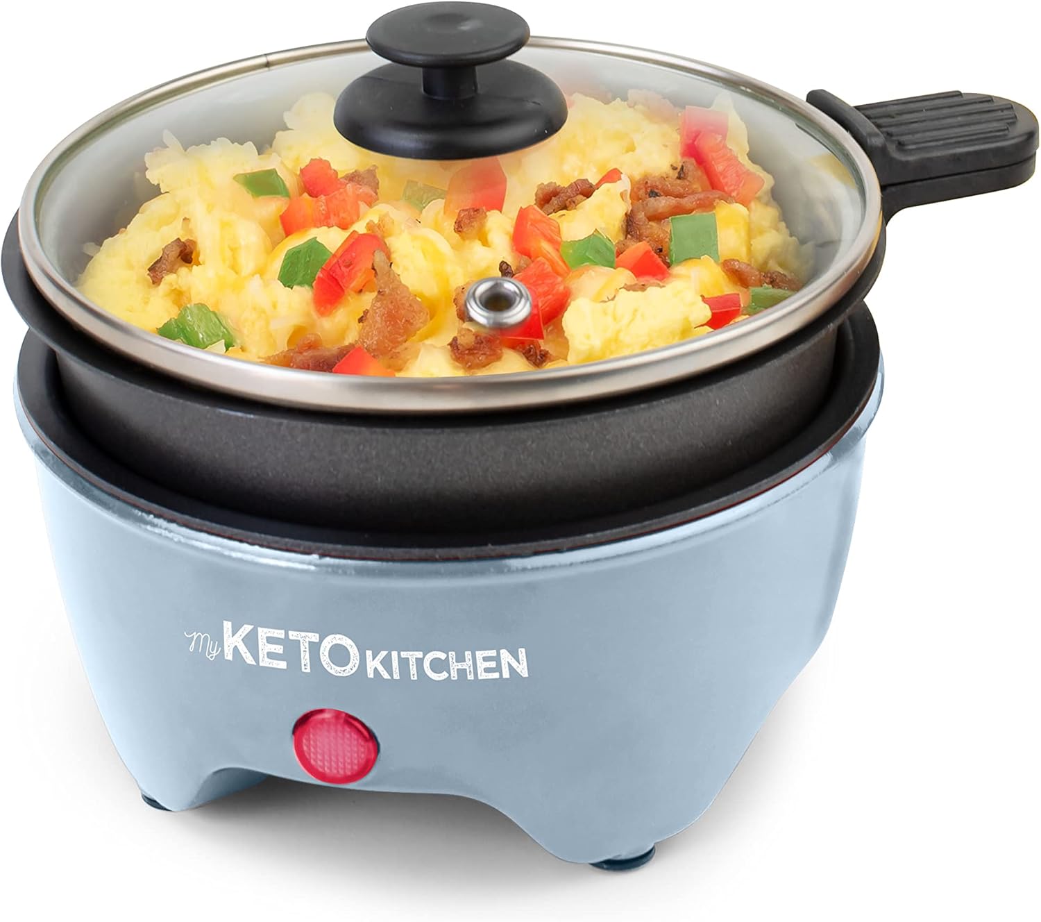 Nostalgia My Keto Kitchen Personal Multi-Cooker with scrambled eggs and toppings inside, covered by a glass lid.