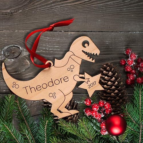 Miniatura 5 de Dinosaur Ornament Personalized Tyrannosaurus Rex Baby's First Christmas 2024 Wood Handmade