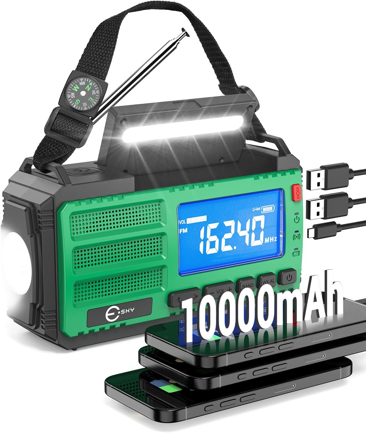 Esky 10000mAh/37000mWh Emergency Hand Crank Radio, AM/FM/NOAA Portable Rechargeable Weather Alert Radio with Flashlight, Compass Reading Lamp, Solar Powered for Outdoor Camping Survival Gear