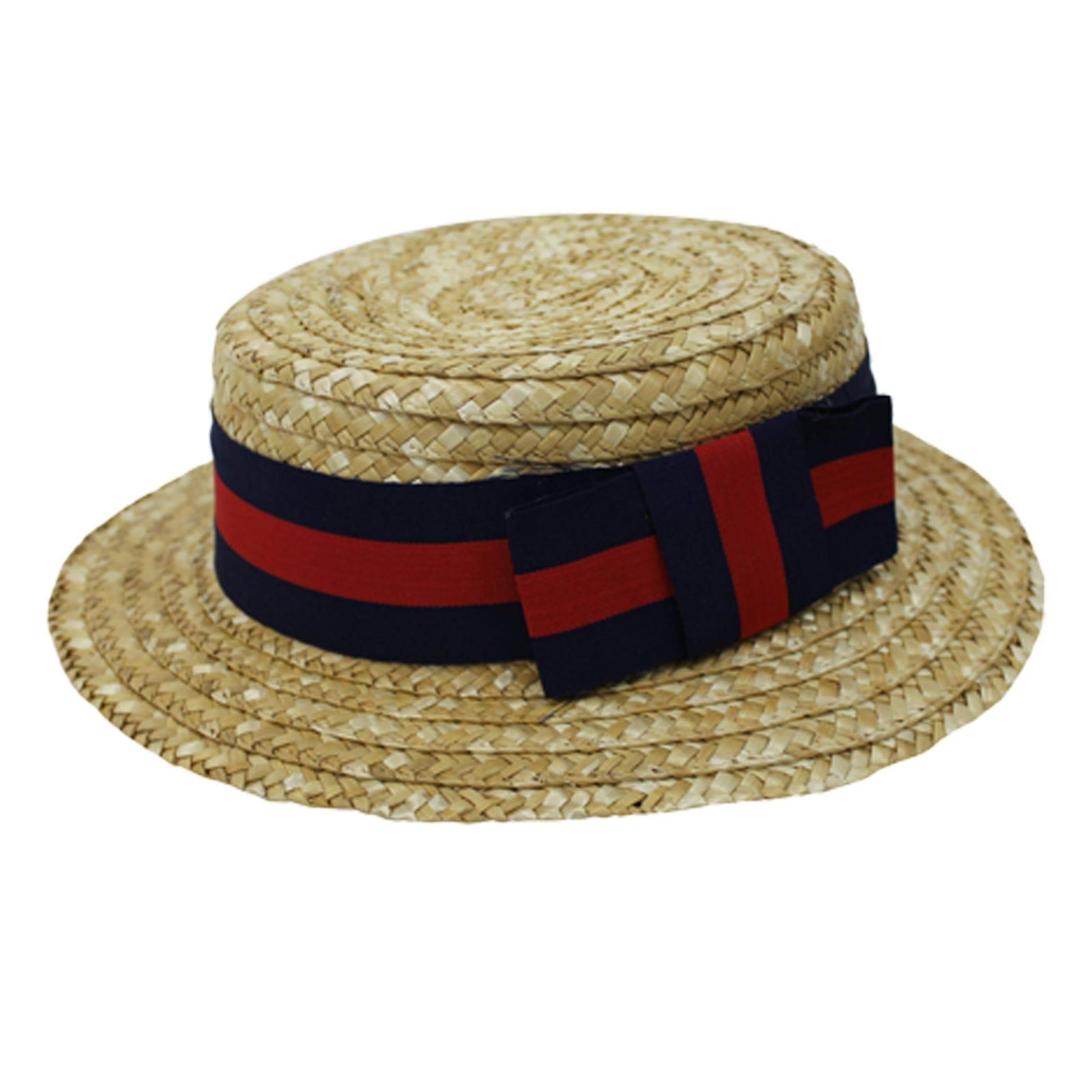 Straw Boater Hat with Blue & Red Ribbon & Bow Quality Summer Hat School Fancy Dress Accessory Mens & Ladies Hat in 4 Styles (Edwardian Barbershop Boater)