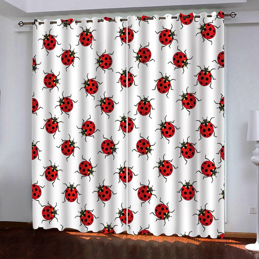 3D Cortinas Opacas Térmicas Aislantes con Ojales Frío y Calor Moderna Decoración Ventanas para Dormotorio Infantil Habitacion Sala Salon 2 Piezas x 140 Ancho x 225 CM Alto Blanco & Mariquita