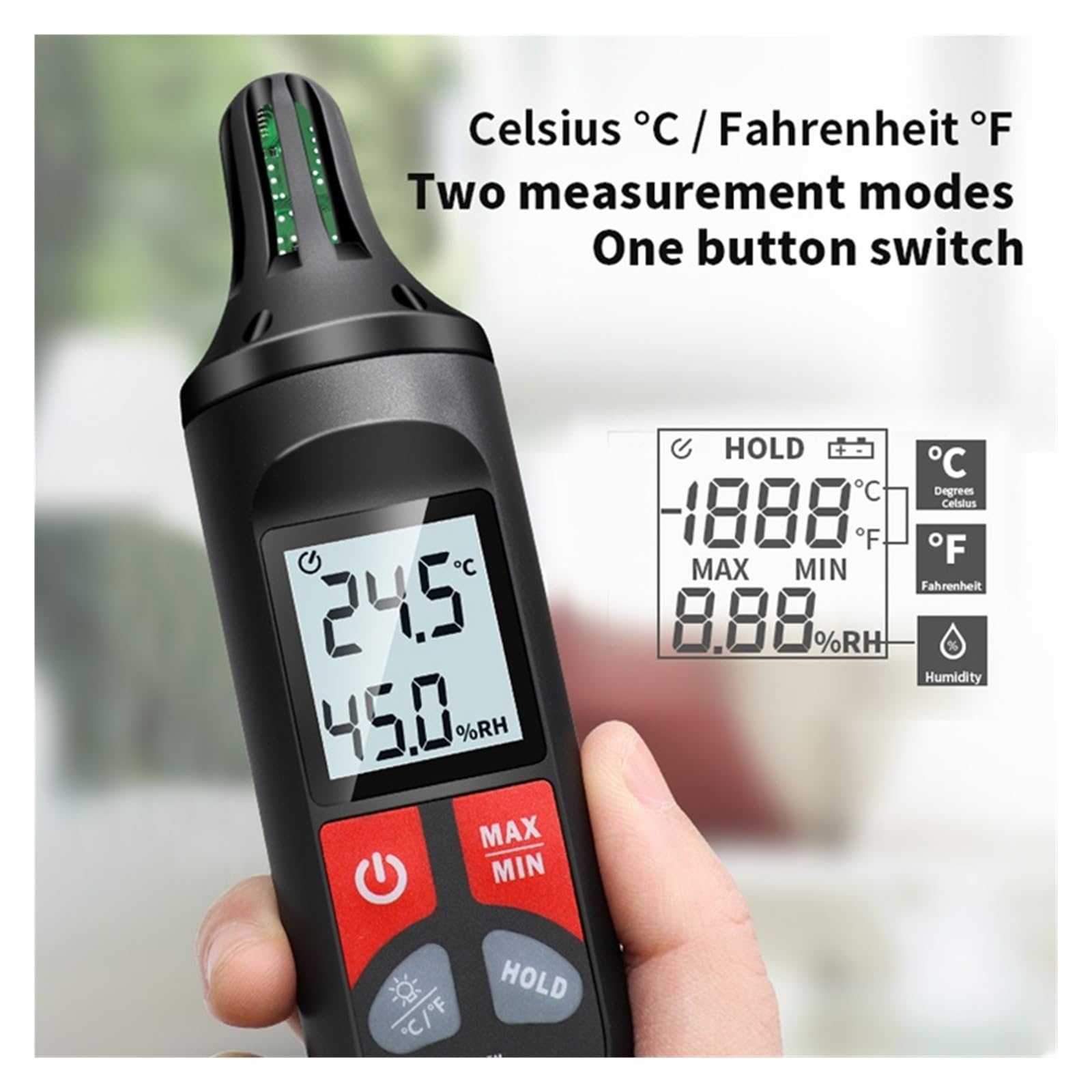 Termómetro higrómetro digital de mano DY33, sensor de temperatura interior de -10 ℃ a 60 ℃, medidor de humedad con higrotermógrafo retroiluminado.