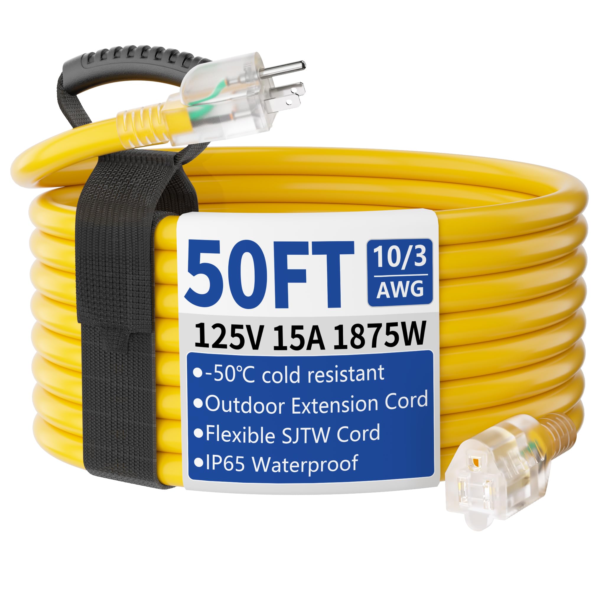 cismorvex 50ft Outdoor/Indoor Extension Cord with Lighted 10/3 Gauge Yellow | 3 Prong, Heavy Duty, SJTW, Waterproof, Flexible Cold-Resistant extension cord for Home, Work or Construction, 15A 125V 187