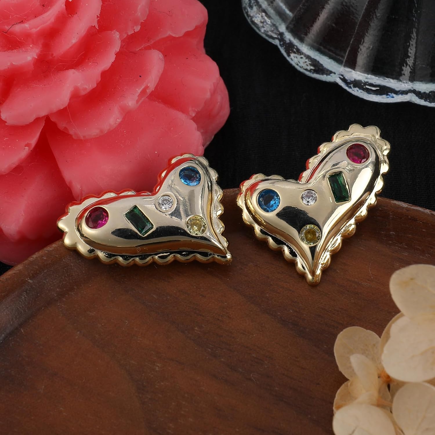 Cute Gold Heart Stud Earrings for Women 14K Gold Plated Dainty Love Heart Stud Earrings with Colorful Rhinestone Elegant Tiny Crystal Gold Heart Statement Earrings Trendy Jewelry Gift for Her - Image 7