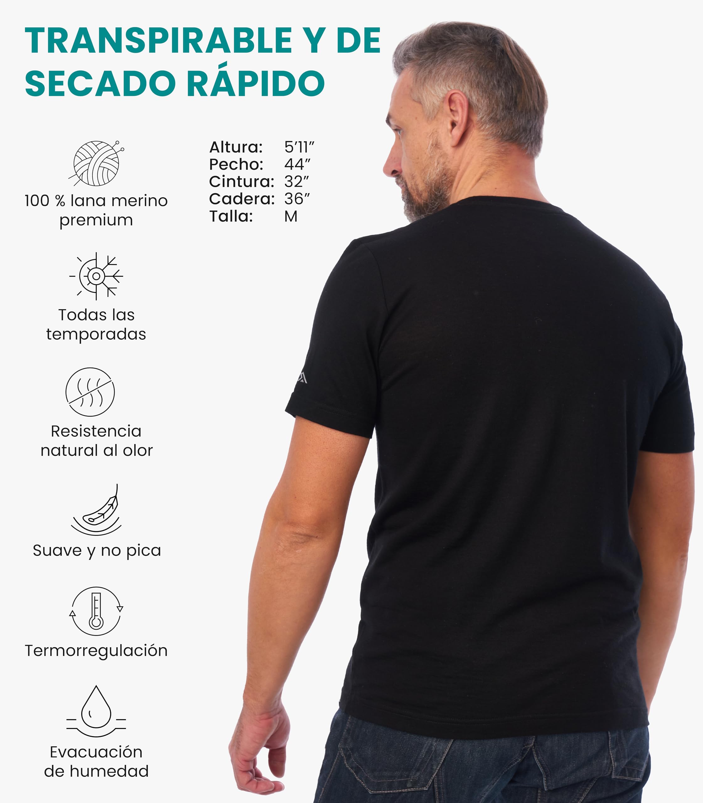 Merino.tech Camiseta Interior de Lana Merino 100% para Hombre | No pica, secado rápido, transpirable, de fácil cuidado, estilo outdoor