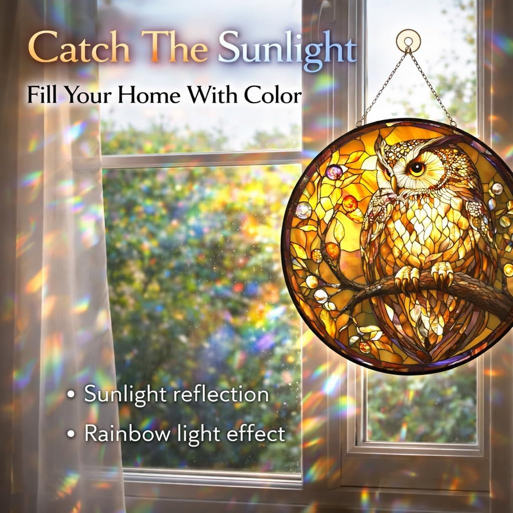 Owl Stained Glass Suncatcher Window Hanging – Vintage Style Owl Sun Catcher with Chain, Colorful Light Reflection Glass Decor for Window, Gift for Bird Lovers Home Decor (14.9x14.9 inch)